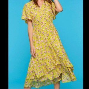 ROBERTA ROLLER RABBIT PINK FLORAL RUFFLE HEM WRAP FLUTTER SLEEVE MIDI DRESS S